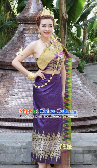 Traditional Traditional Thailand Princess Clothing, Southeast Asia Thai Ancient Costumes Dai Nationality Wedding Purple Sari Dress for Women