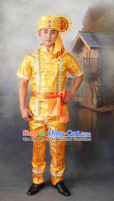 Traditional Traditional Thailand Male Clothing, Southeast Asia Thai Ancient Costumes Dai Nationality Golden Shirt and Pants Complete Set for Men