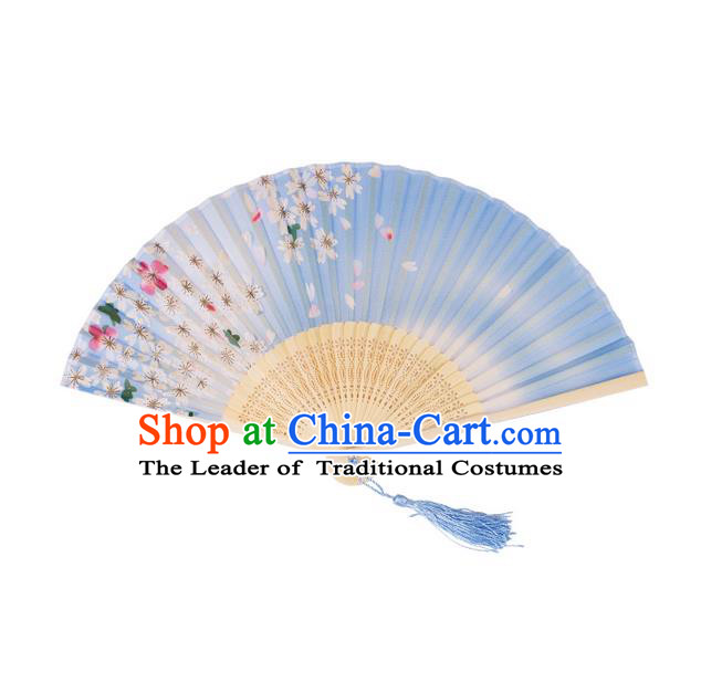 Traditional Chinese Ancient Hanfu Printing Blue Folding Fans for Women
