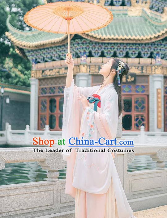 Traditional Chinese Tang Dynasty Young Lady Costume, Elegant Hanfu Clothing Embroidered Wide Sleeve White Cardigan, Chinese Ancient Princess Clothing for Women