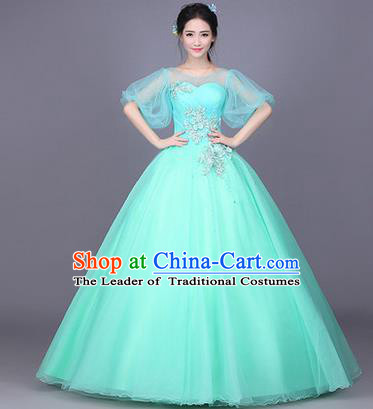 Traditional Chinese Modern Dance Performance Costume, China Opening Dance Full Dress, Classical Dance Blue Bubble Dress for Women