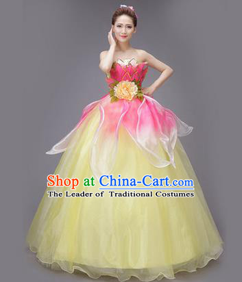 Traditional Chinese Modern Dance Compere Performance Costume, China Opening Dance Chorus Full Dress, Classical Lotus Dance Big Swing Yellow Veil Bubble Dress for Women