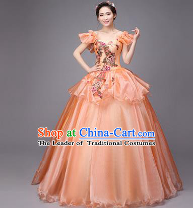 Traditional Chinese Modern Dance Compere Performance Costume, China Opening Dance Chorus Full Dress, Classical Dance Big Swing Orange Dress for Women