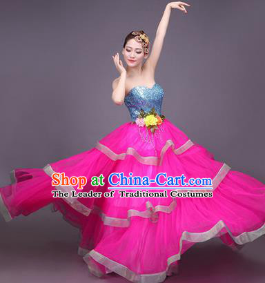 Traditional Chinese Modern Dance Compere Performance Costume, China Opening Dance Chorus Big Swing Full Dress, Classical Dance Layered Dress for Women