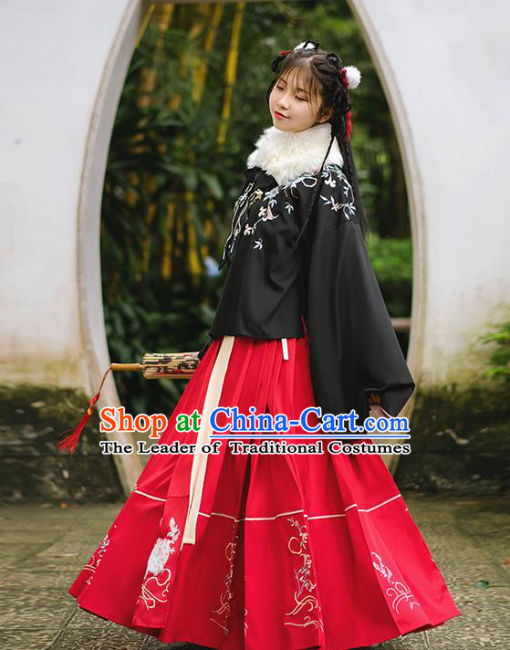 Traditional Chinese Ming Dynasty Young Lady Costume, Elegant Hanfu Clothing Embroidered Horse-face Skirt, Chinese Ancient Princess Clothing for Women