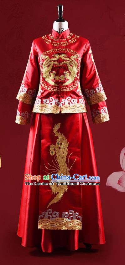 Traditional Chinese Wedding Costume XiuHe Suit Clothing Longfeng Flown Wedding Dress, Ancient Chinese Bride Hand Embroidered Phoenix Cheongsam Dress for Women