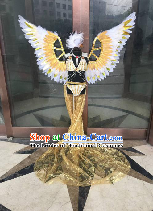 Top Grade Compere Professional Performance Catwalks Costume, Traditional Brazilian Samba Dance Rio Carnival Props Feather Wings Modern Dance Fancywork Swimsuit Clothing for Kids