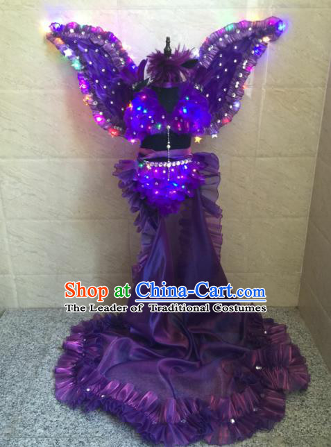 Top Grade Compere Professional Performance Catwalks Costume, Traditional Brazilian Rio Carnival Modern Dance Fancywork Purple Feather Wings Swimsuit Led Clothing for Kids