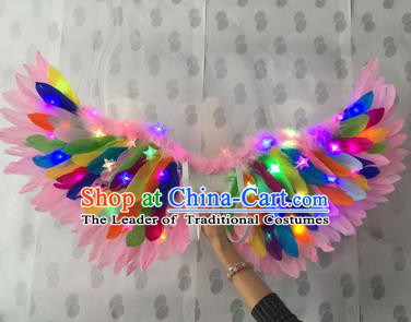 Top Grade Compere Professional Performance Catwalks Halloween Colorful Feather Wings, Traditional Brazilian Rio Carnival Dance Fancywork Led Light Clothing for Kids