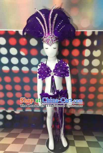 Top Grade Compere Professional Performance Catwalks Purple Feather Costumes and Headpiece, Traditional Brazilian Rio Carnival Samba Opening Dance Wings Swimsuit Clothing for Kids