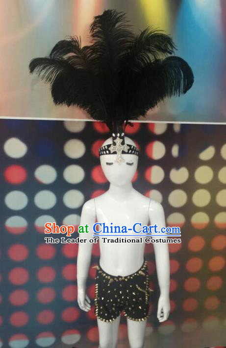 Top Grade Compere Professional Performance Catwalks Costume and Headwear, Traditional Brazilian Rio Carnival Samba Opening Dance Feather Swimsuit Clothing for Kids