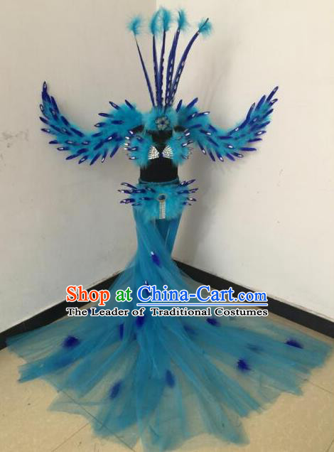 Top Grade Compere Professional Performance Catwalks Blue Feather Wings Costumes, Traditional Brazilian Rio Carnival Samba Opening Dance Props Modern Fancywork Swimsuit Clothing for Women