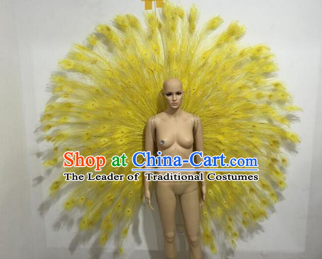 Top Grade Compere Professional Performance Catwalks Large Size Yellow Feather Accessories Decorations, Traditional Brazilian Rio Carnival Samba Opening Dance Suits Modern Fancywork Swimsuit Clothing for Women