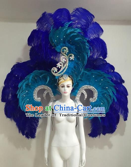 Top Grade Compere Professional Performance Catwalks Blue Feather Wings Costume and Hair Accessories, Traditional Brazilian Rio Carnival Samba Opening Dance Suits Modern Fancywork Clothing for Women