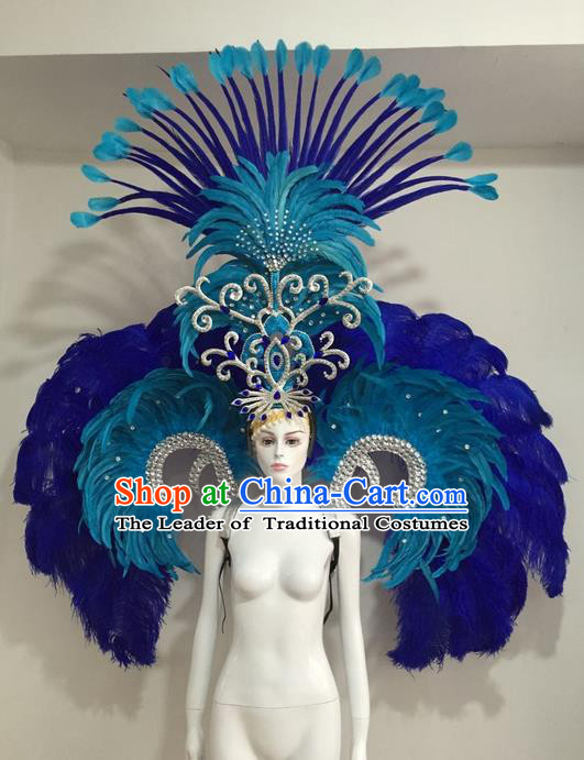 Top Grade Compere Professional Performance Catwalks Blue Feather Wings Costume and Headdress, Traditional Brazilian Rio Carnival Samba Opening Dance Suits Modern Fancywork Clothing for Women