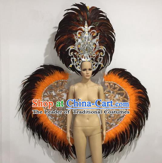 Top Grade Professional Performance Catwalks Orange Feather Wings and Headwear, Brazilian Rio Carnival Samba Opening Dance Custom-made Customized Clothing for Women