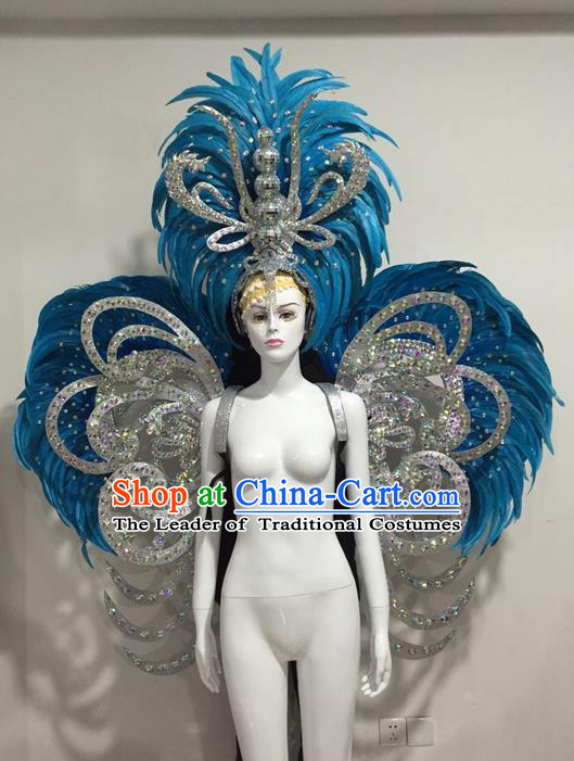 Top Grade Compere Professional Performance Catwalks Blue Feather Wings and Giant Headpiece Big Hair Accessories Decorations, Traditional Brazilian Rio Carnival Samba Opening Dance Suits Modern Fancywork Clothing for Women
