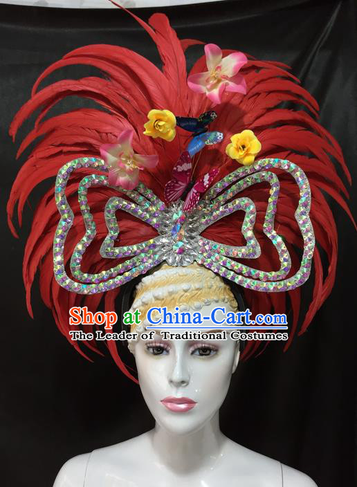 Top Grade Professional Stage Show Catwalks Brazil Parade Giant Red Feather Headpiece, Brazilian Rio Carnival Samba Opening Dance Modern Fancywork Big Hat Decorations for Women
