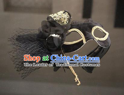 Top Grade Chinese Theatrical Luxury Headdress Ornamental Black Flower Mask, Halloween Fancy Ball Ceremonial Occasions Handmade Tassel Face Mask for Women