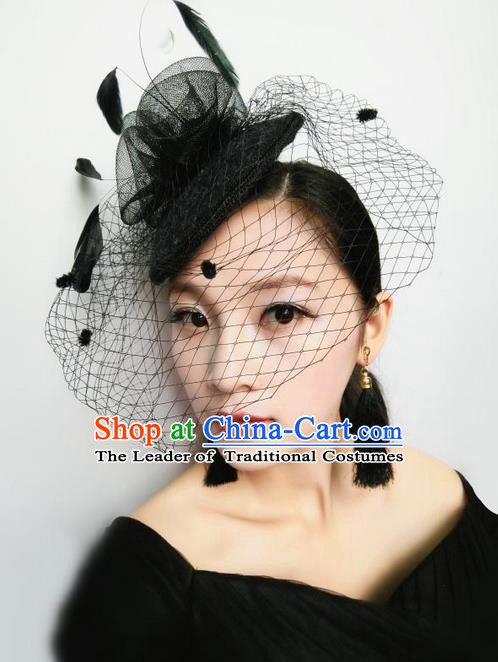Top Grade Chinese Theatrical Luxury Headdress Ornamental Black Top Hat, Halloween Fancy Ball Ceremonial Occasions Handmade Veil Hair Accessories for Women