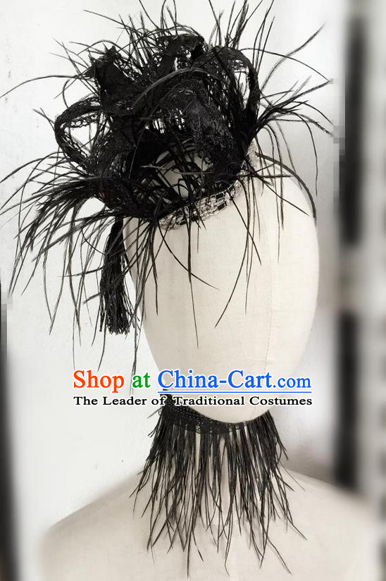 Top Grade Chinese Theatrical Headdress Traditional Ornamental Baroque Black Feather Headwear, Brazilian Carnival Halloween Occasions Handmade Vintage Queen Royal Crown for Women