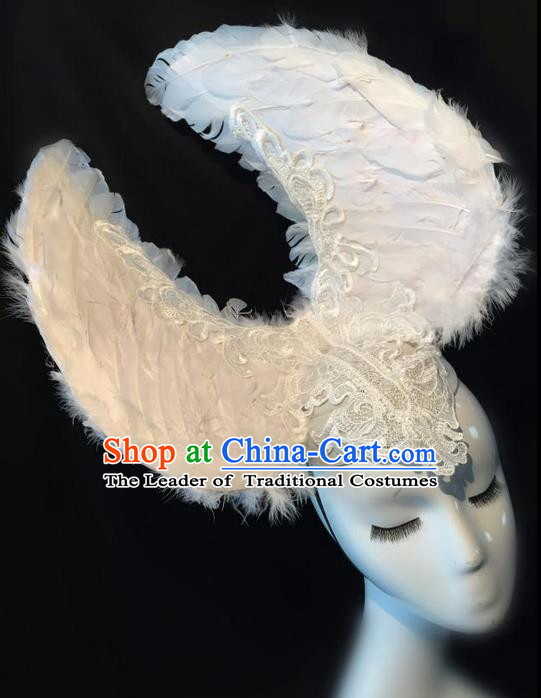 Top Grade Chinese Theatrical Headdress Traditional Ornamental White Feather Headwear, Brazilian Carnival Halloween Occasions Handmade Deluxe Headpiece for Women