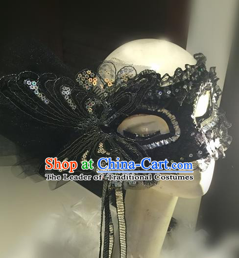 Top Grade Chinese Theatrical Headdress Traditional Ornamental Black Lace Mask, Brazilian Carnival Halloween Occasions Handmade Deluxe Butterfly Mask for Women