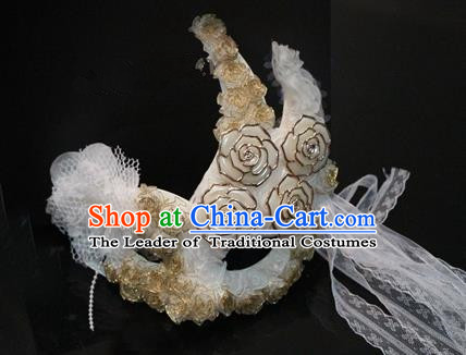 Top Grade Chinese Theatrical Headdress Traditional Ornamental Princess Lace Mask, Brazilian Carnival Halloween Occasions Handmade Miami White Mask for Women
