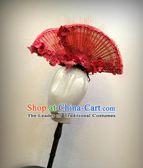 Top Grade Chinese Theatrical Headdress Traditional Ornamental Manchu Princess Red Fan Hair Accessories, Asian Traditional Halloween Occasions Handmade Headwear for Women