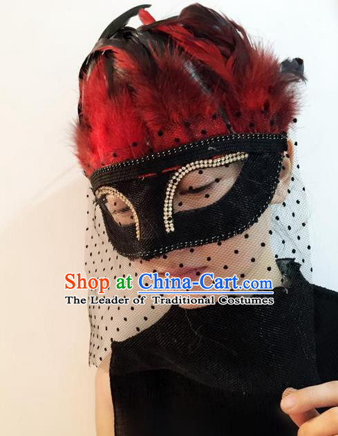 Top Grade Chinese Theatrical Headdress Ornamental Red Feather Mask, Asian Traditional Halloween Occasions Handmade Veil Mask for Women