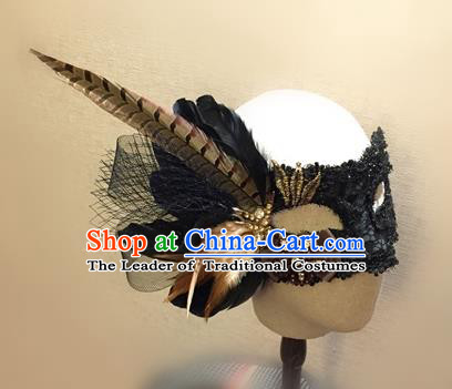 Top Grade Chinese Theatrical Headdress Traditional Ornamental Feather Mask, Brazilian Carnival Halloween Occasions Handmade Vintage Black Lace Mask for Men