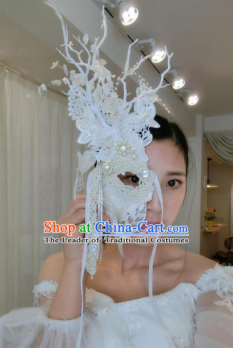 Top Grade Chinese Theatrical Headdress Ornamental Masquerade Pearl Mask, Brazilian Carnival Halloween Occasions Handmade Miami White Lace Half Mask for Women