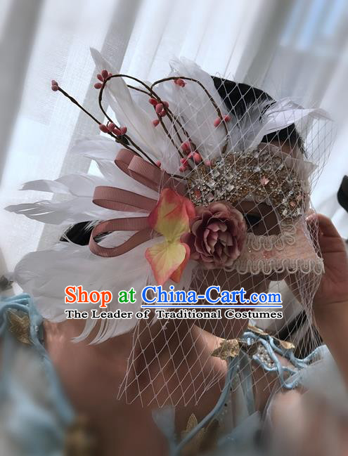 Top Grade Chinese Theatrical Headdress Ornamental Masquerade White Feather Mask, Brazilian Carnival Halloween Occasions Handmade Miami Veil Mask for Women