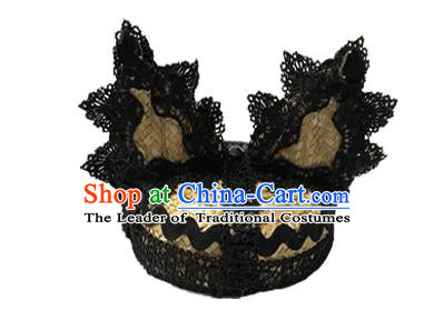 Top Grade Asian Headpiece Headdress Ornamental Cat Ears Hair Accessories, Brazilian Carnival Halloween Occasions Handmade Miami Black Lace Hat for Women