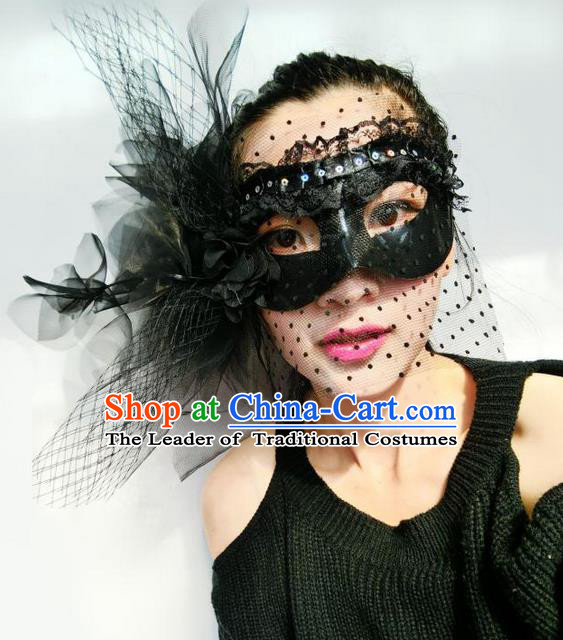Top Grade Chinese Theatrical Headdress Ornamental Black Veil Mask, Asian Traditional Halloween Occasions Handmade Debutante Feather Mask for Women