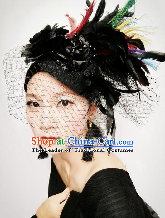 Top Grade Chinese Theatrical Headdress Ornamental Feather Headwear, Asian Traditional Halloween Occasions Handmade Debutante Feather Top Hat for Women