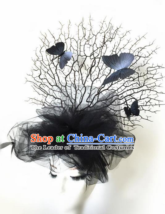 Top Grade Asian Headpiece Headdress Ornamental Branch Butterfly Hair Accessories, Brazilian Carnival Halloween Occasions Handmade Miami Black Veil Headwear for Women