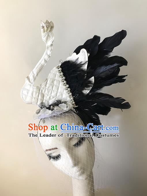 Top Grade Asian Headpiece Headdress Ornamental White Swan Headwear, Brazilian Carnival Halloween Occasions Handmade Miami Feather Hair Clasp for Women