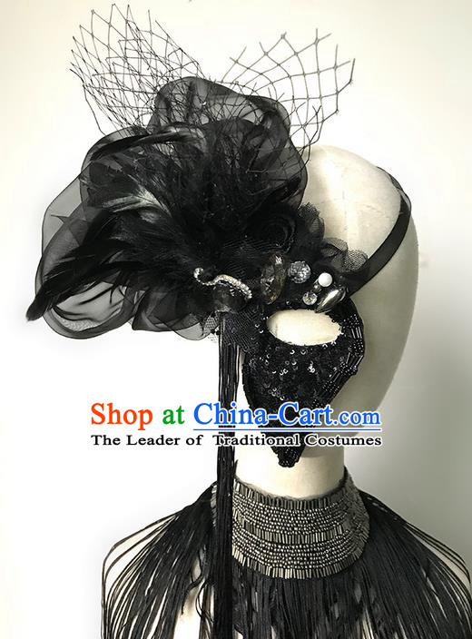 Top Grade Asian Headpiece Headdress Ornamental Black Half Mask, Brazilian Carnival Halloween Occasions Handmade Miami Vintage Lace Mask for Women