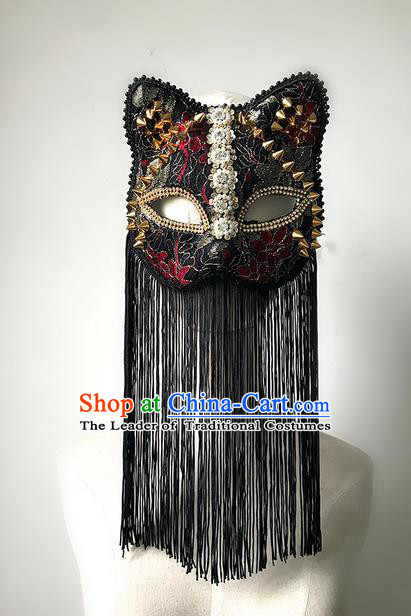 Top Grade Asian Headpiece Headdress Ornamental Cat Mask, Brazilian Carnival Halloween Occasions Handmade Miami Vintage Rivet Tassel Mask for Women