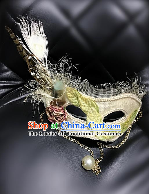 Top Grade Asian Headpiece Headdress Ornamental Cosplay Princess Feather Mask, Brazilian Carnival Halloween Occasions Handmade Miami Vintage White Mask for Women