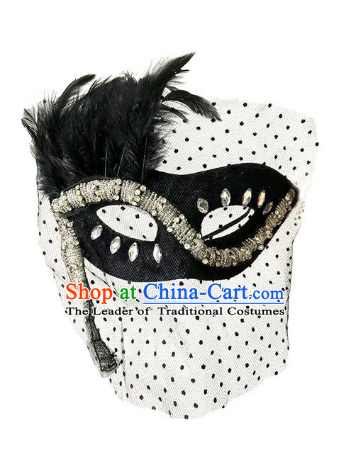 Top Grade Asian Headpiece Headdress Ornamental Cosplay Black Veil Crystal Mask, Brazilian Carnival Halloween Occasions Handmade Miami Vintage Mask for Women