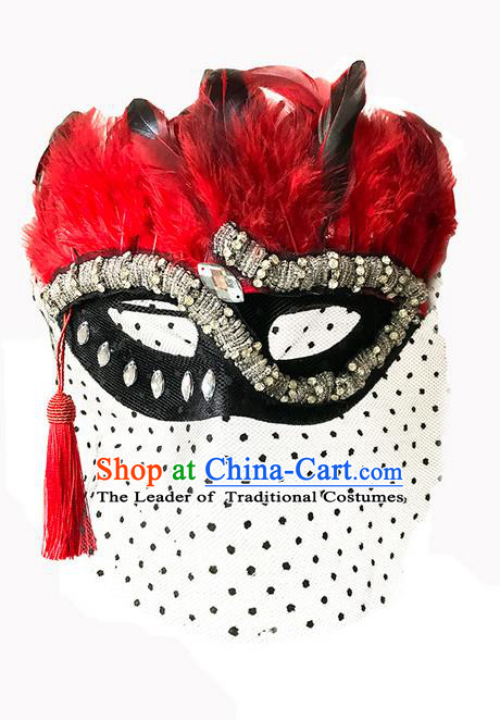 Top Grade Asian Headpiece Headdress Ornamental Cosplay Black Veil Crystal Mask, Brazilian Carnival Halloween Occasions Handmade Miami Red Feather Vintage Mask for Women