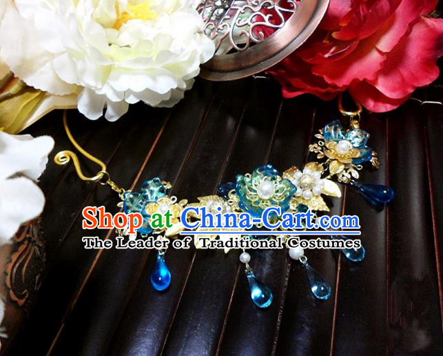 Top Grade Handmade Traditional China Handmade Jewelry Accessories Blue Crystal Necklace, Ancient Chinese Princess Conophytum Pucillum Tassel Pearl Collar for Women
