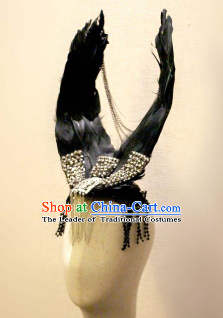 Top Grade Miami Feathers Deluxe Hair Accessories, Halloween Black Feather Headdress Brazilian Carnival Occasions Handmade Headwear for Women