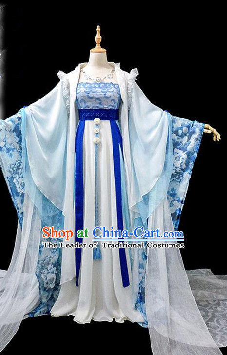 Traditional Ancient Chinese Imperial Concubine Fairy Embroidered Costume, Chinese Tang Dynasty Princess Blue Dress Hanfu Clothing for Women