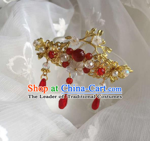 Asian Chinese Traditional Headdress Red Agate Hair Accessories Xiuhe Suit Hairpins, China Ancient Handmade Bride Hanfu Tassel Step Shake Headwear for Women