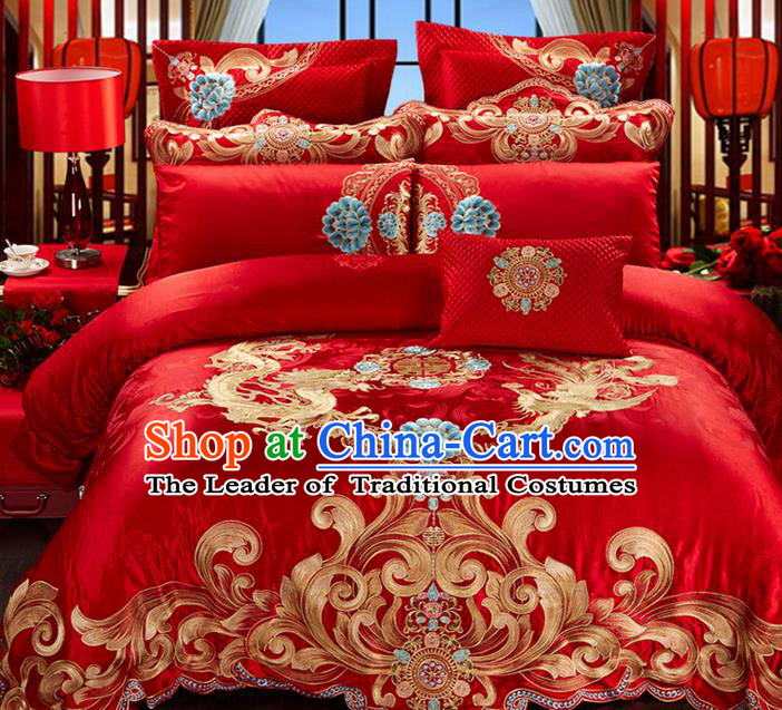 Traditional Asian Chinese Style Wedding Article Palace Lace Qulit Cover Bedding Sheet Complete Set, Embroidered Dragon and Phoenix Satin Drill Ten-piece Duvet Cover Textile Bedding Suit