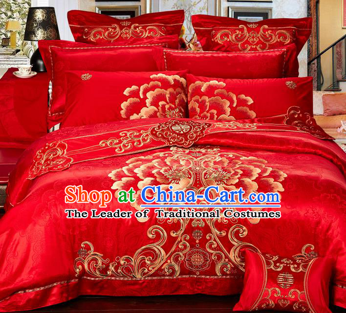 Traditional Asian Chinese Style Wedding Article Palace Lace Qulit Cover Bedding Sheet Complete Set, Embroidered Peony Satin Drill Eleven-piece Duvet Cover Textile Bedding Suit