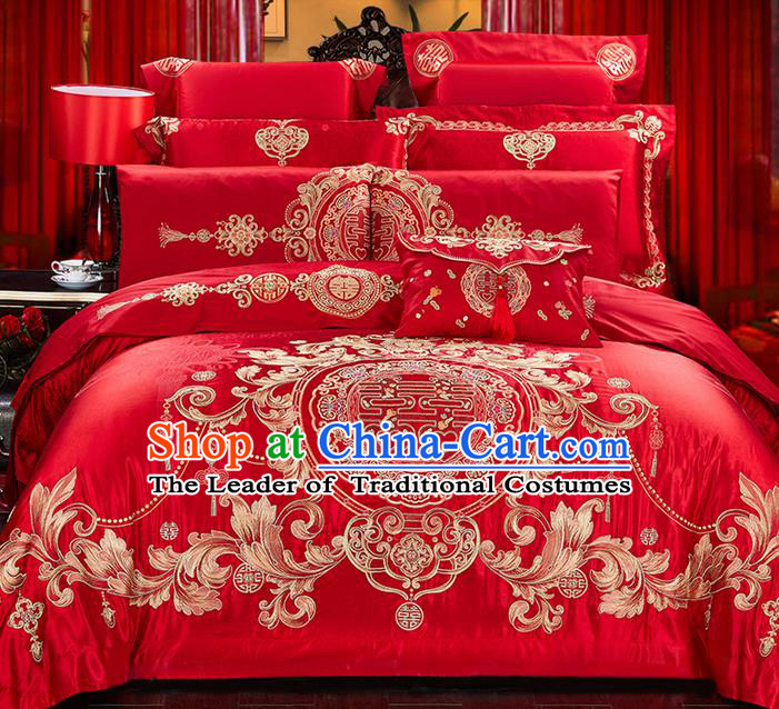 Traditional Asian Chinese Wedding Palace Qulit Cover Bedding Sheet Ten-piece Suit, Embroidered Double Happiness Satin Drill Duvet Cover Textile Bedding Complete Set